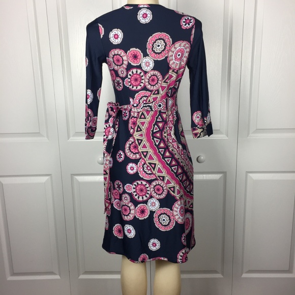  Fun Colorful Navy / Pink Wrap Dress - Picture 3 of 7